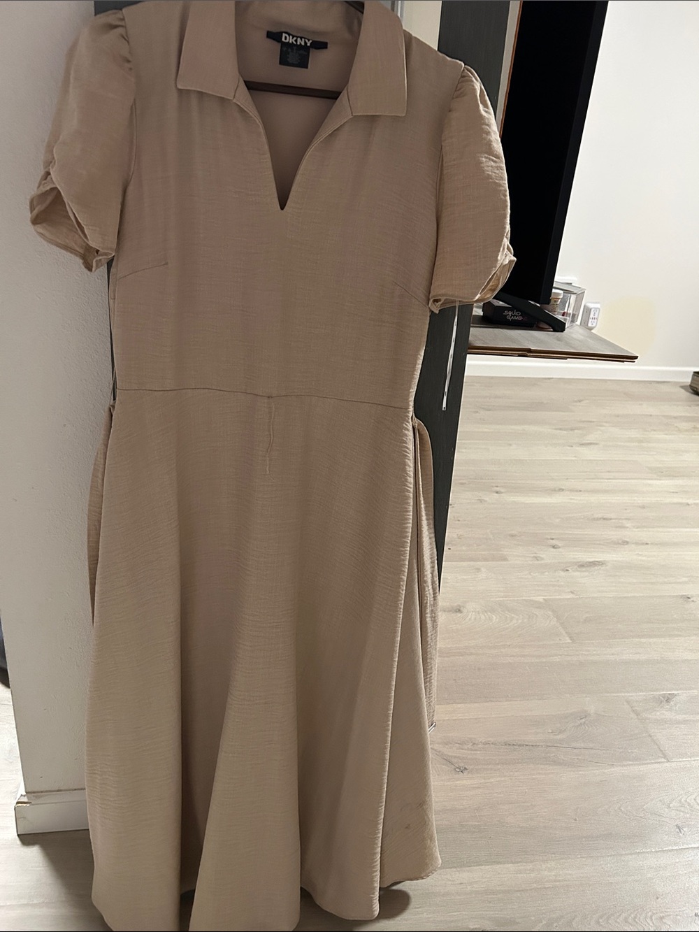 DKNY Beige Textured Collared Midi Dress